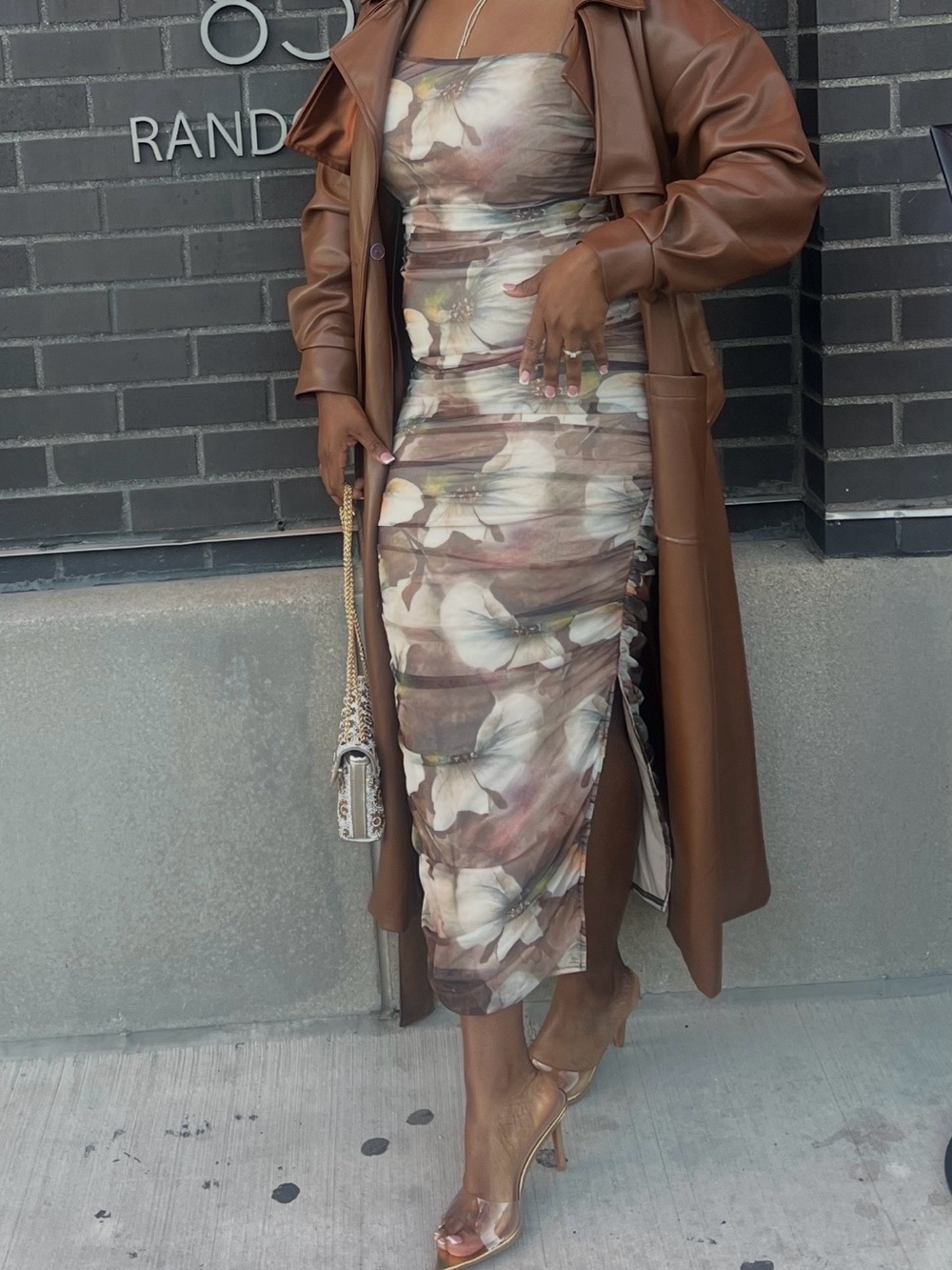 AKIRA Brown Floral Strapless Ruched Midi Dress